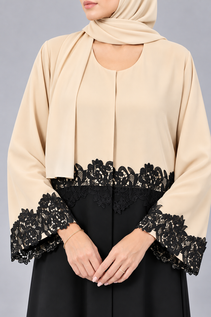 Beige Noir Lace Abaya E13S