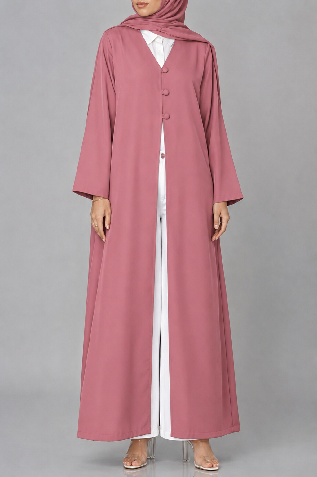 Mauve pink button abaya