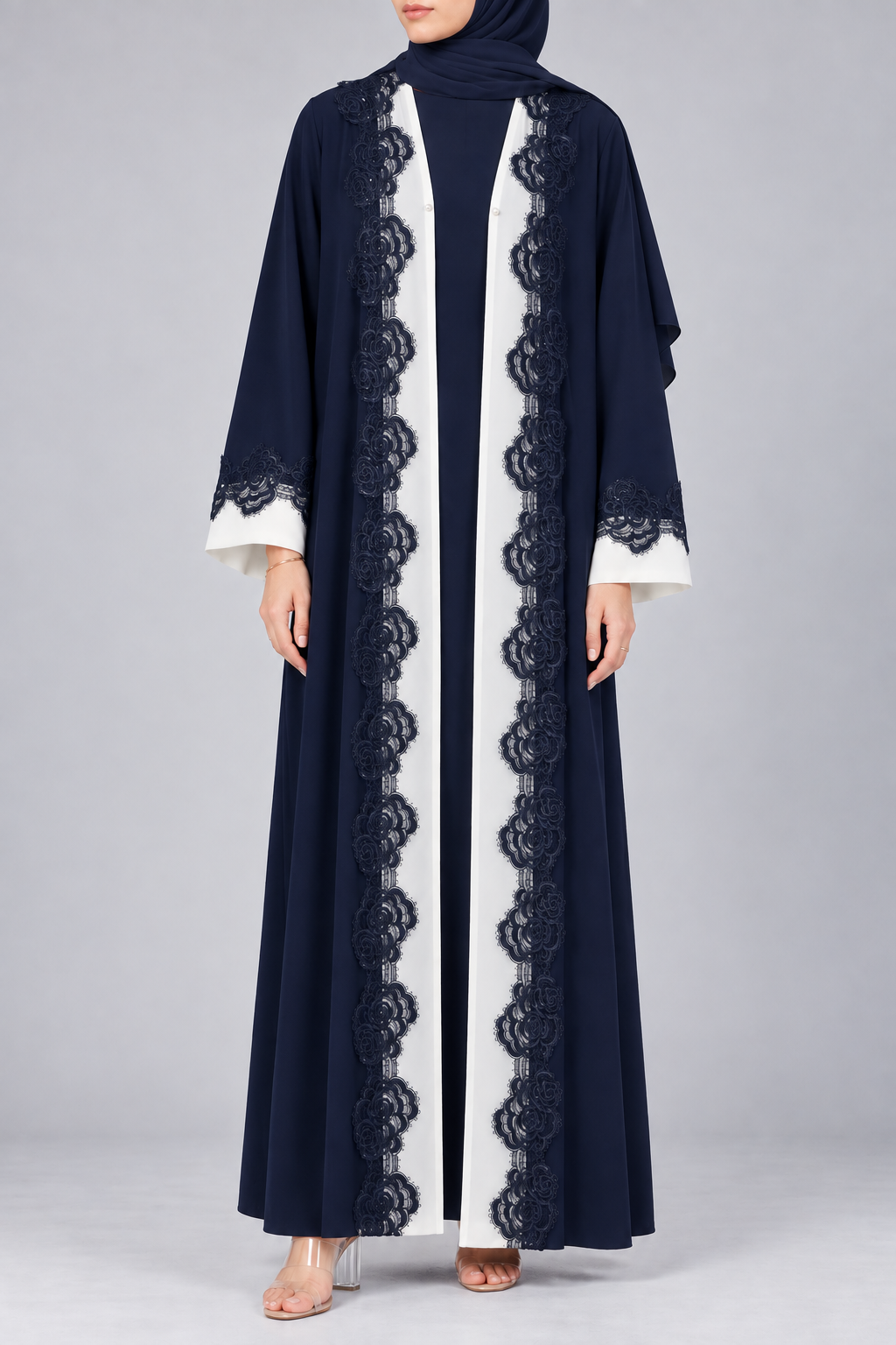 Navy Blue Rosette Lace Abaya E13S