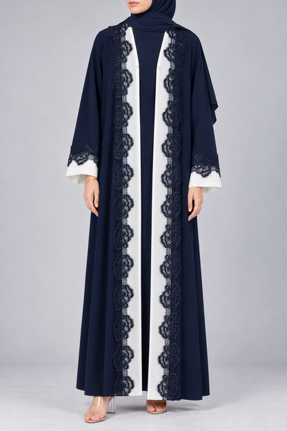 Navy Blue Rosette Lace Abaya E13S