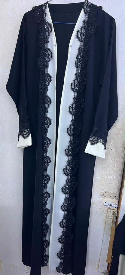 Navy Blue Rosette Lace Abaya E13S