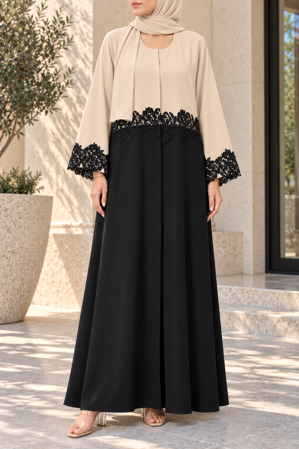 Beige Noir Lace Abaya E13S