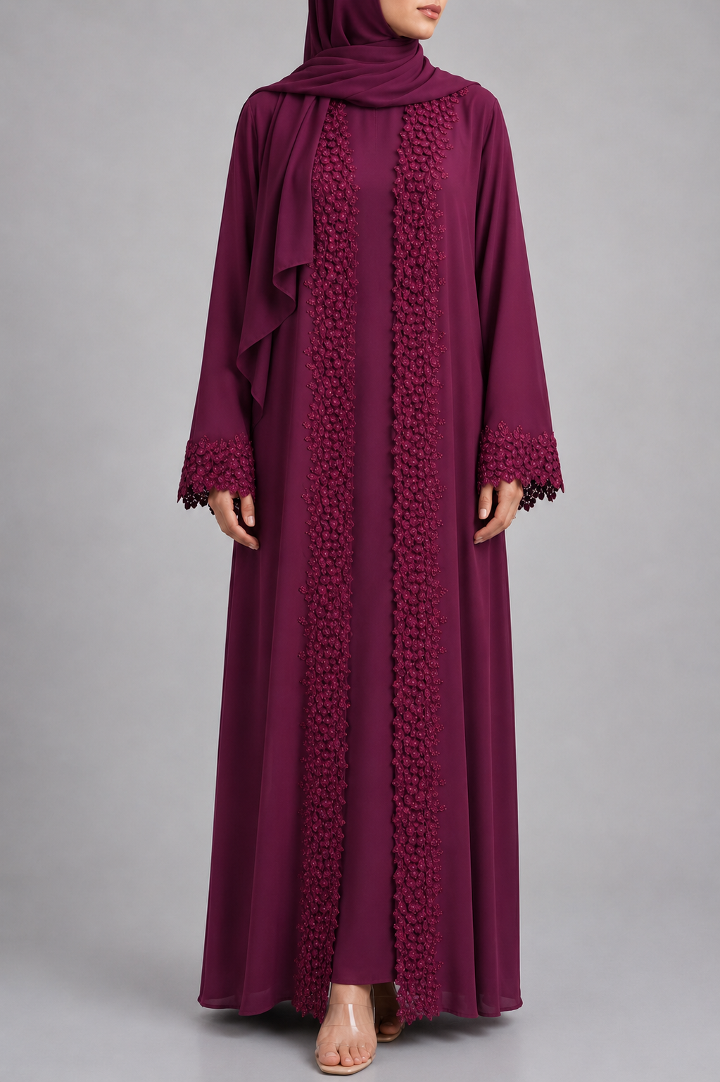 Maroon Ethereal Lace Abaya