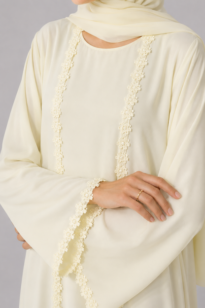 Parchment yellow fancy lace abaya