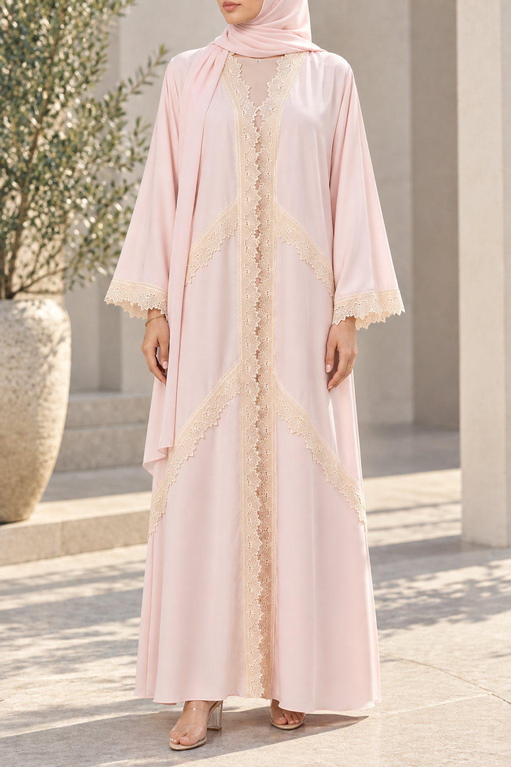 Pink Phyllome Lace Abaya E13S