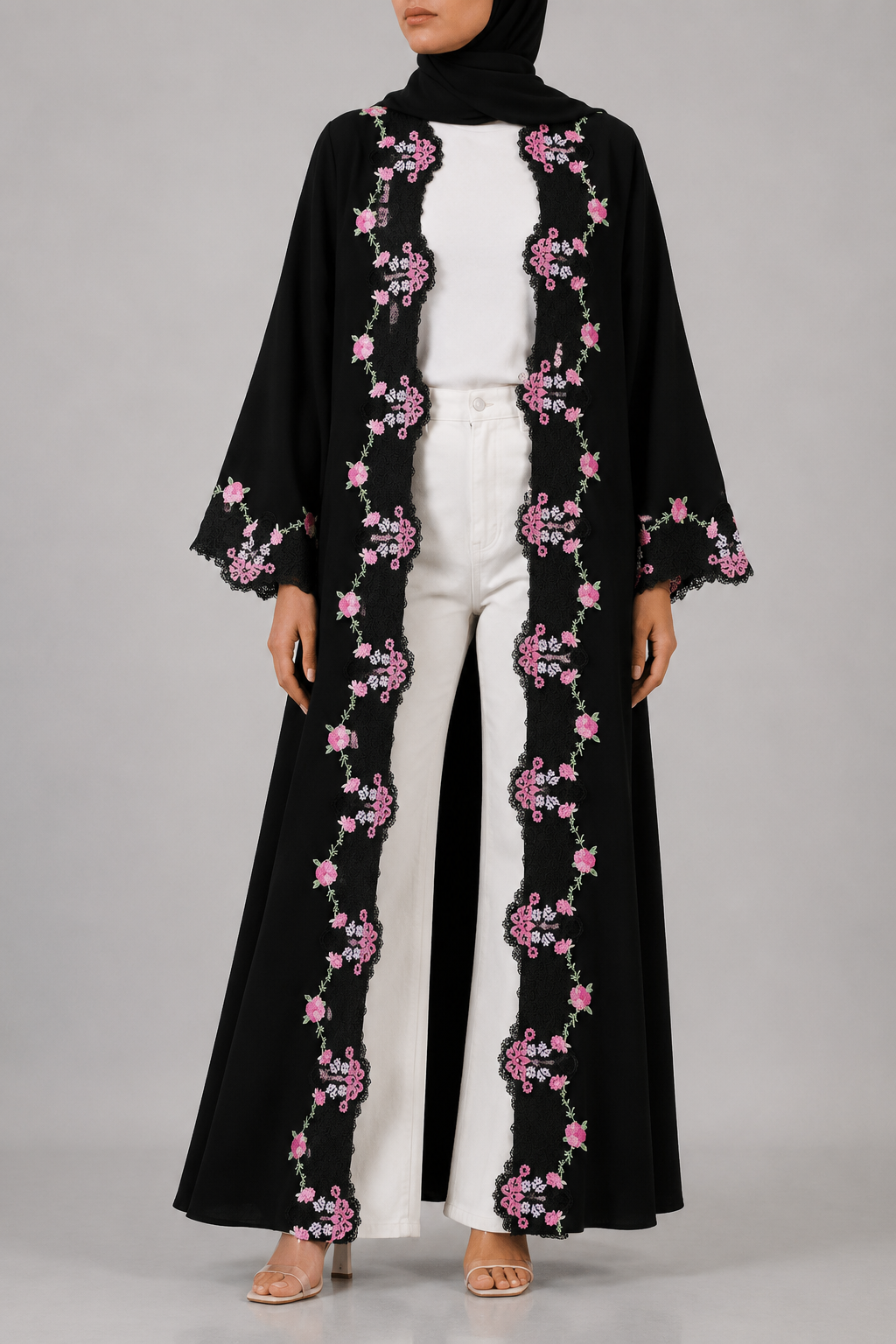 Black broad fancy lace abaya