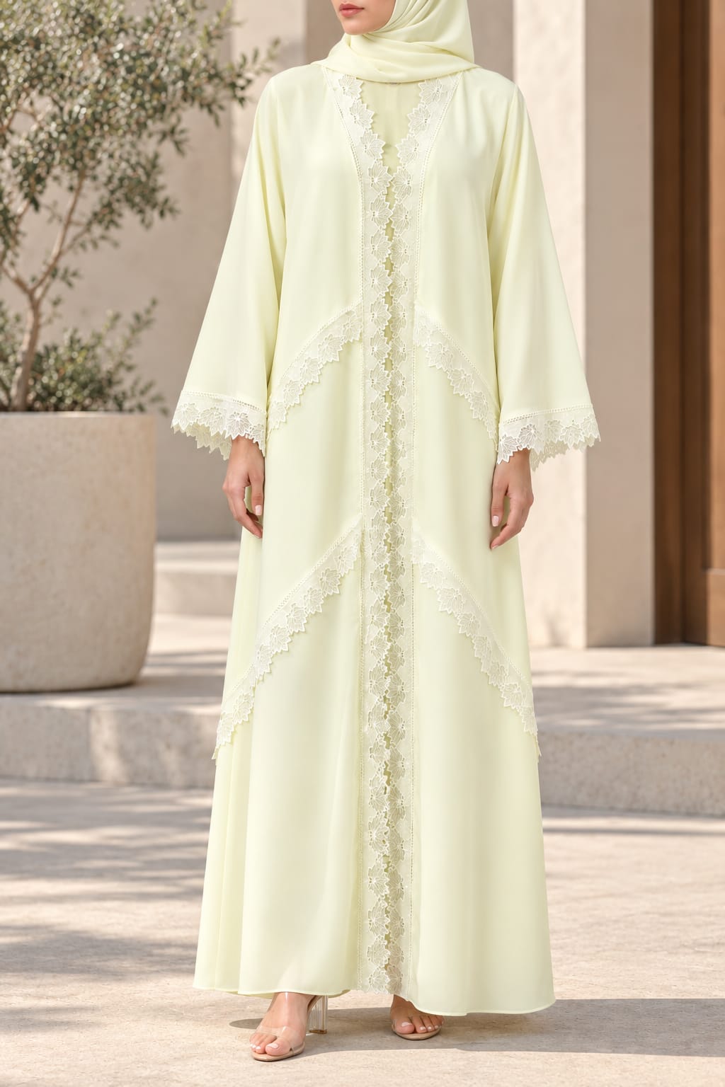 Butter-Yellow Phyllome Lace Abaya E13S