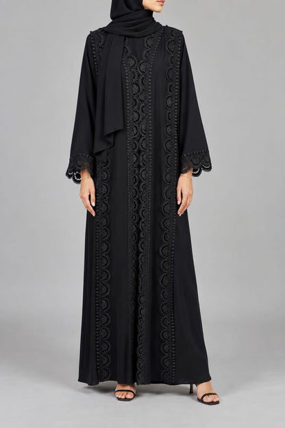 Black Gladiolus Lace Abaya E13S