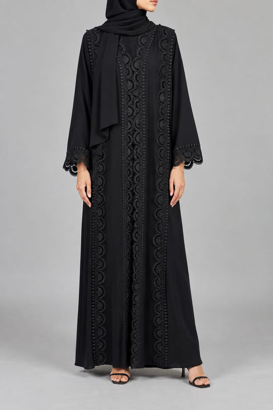 Black Gladiolus Lace Abaya E13S