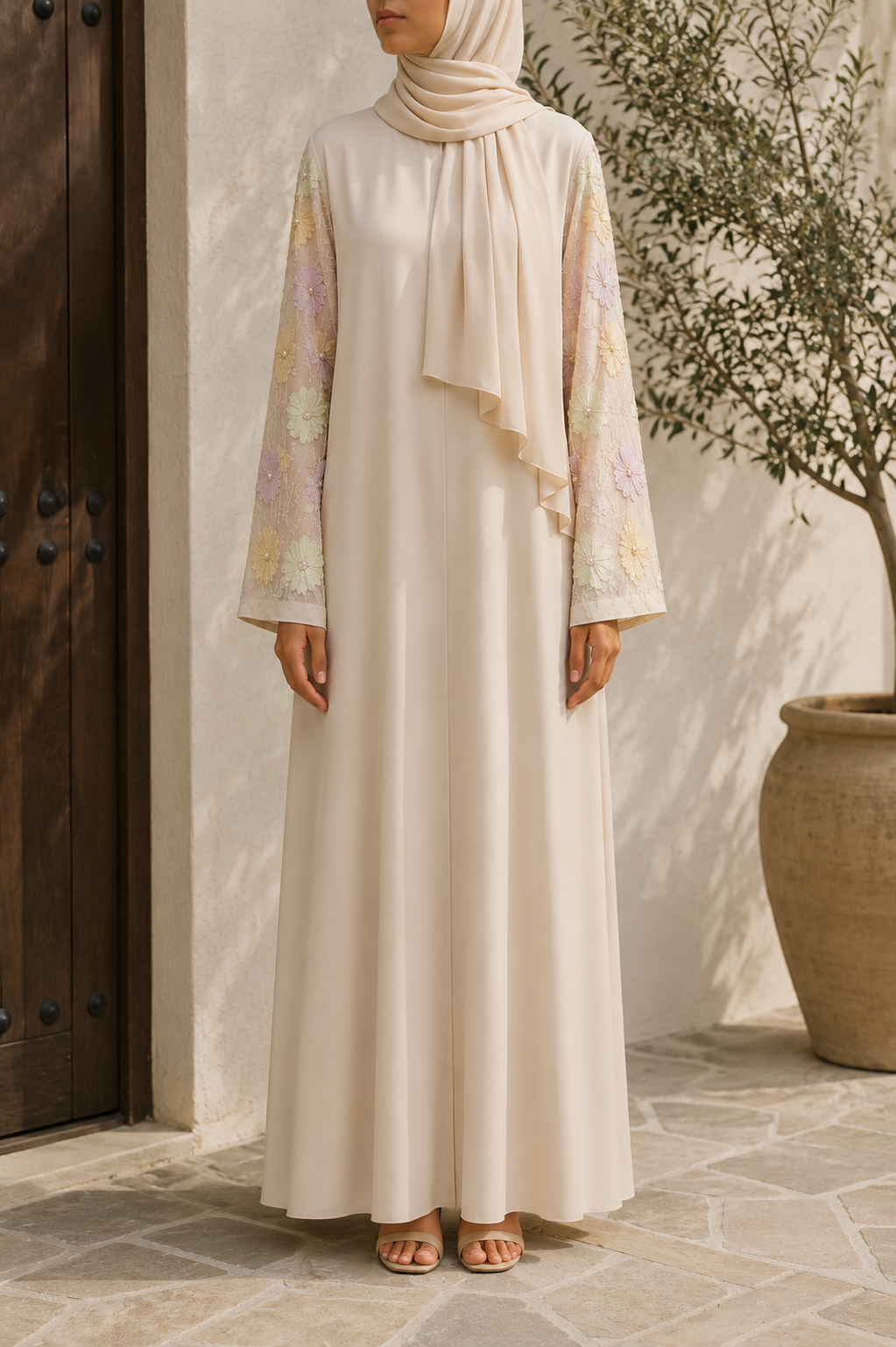 Beige Al Noor lace abaya