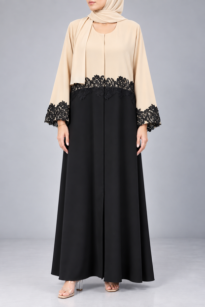 Beige Noir Lace Abaya E13S