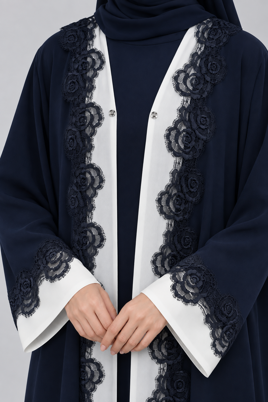 Navy Blue Rosette Lace Abaya E13S