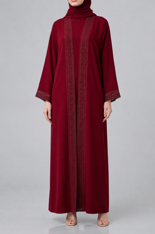 Maroon Fancy Lace Abaya (02)