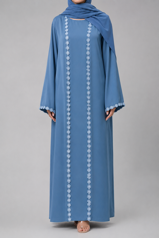 Slate blue fancy lace abaya