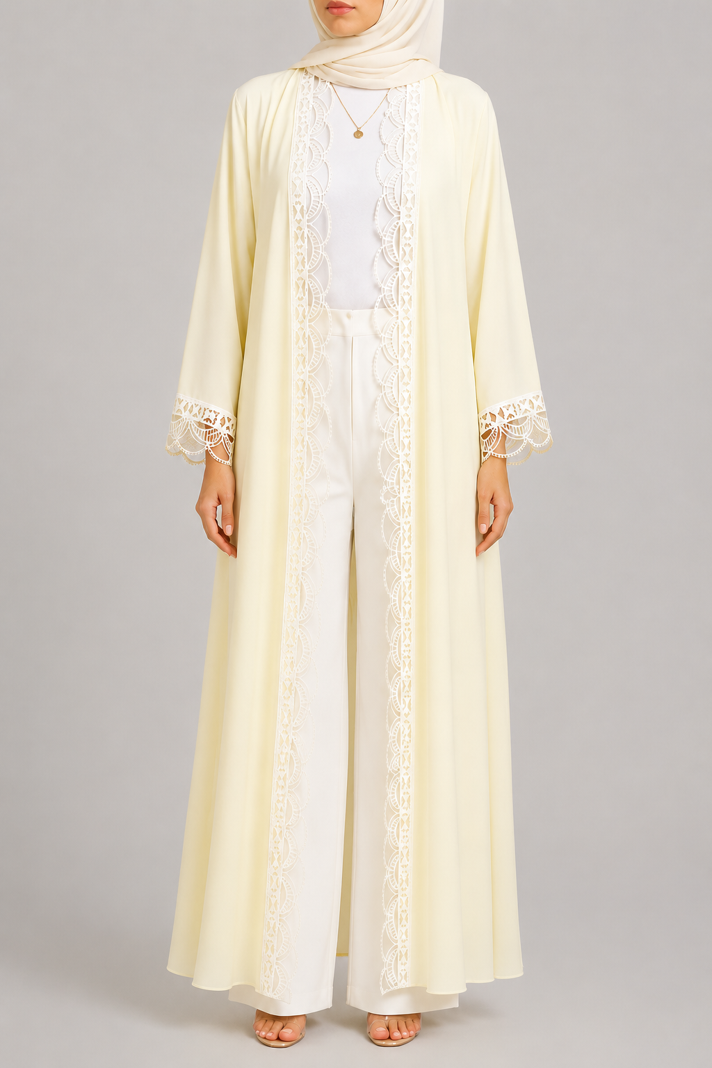 Butter yellow fancy lace abaya -A29J