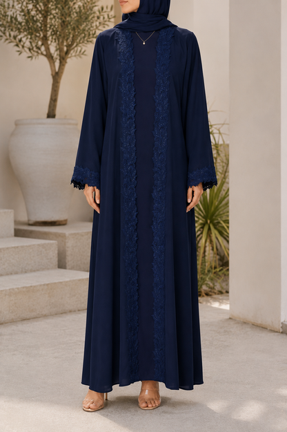 Navy Blue Moonlit Lace Abaya E12J