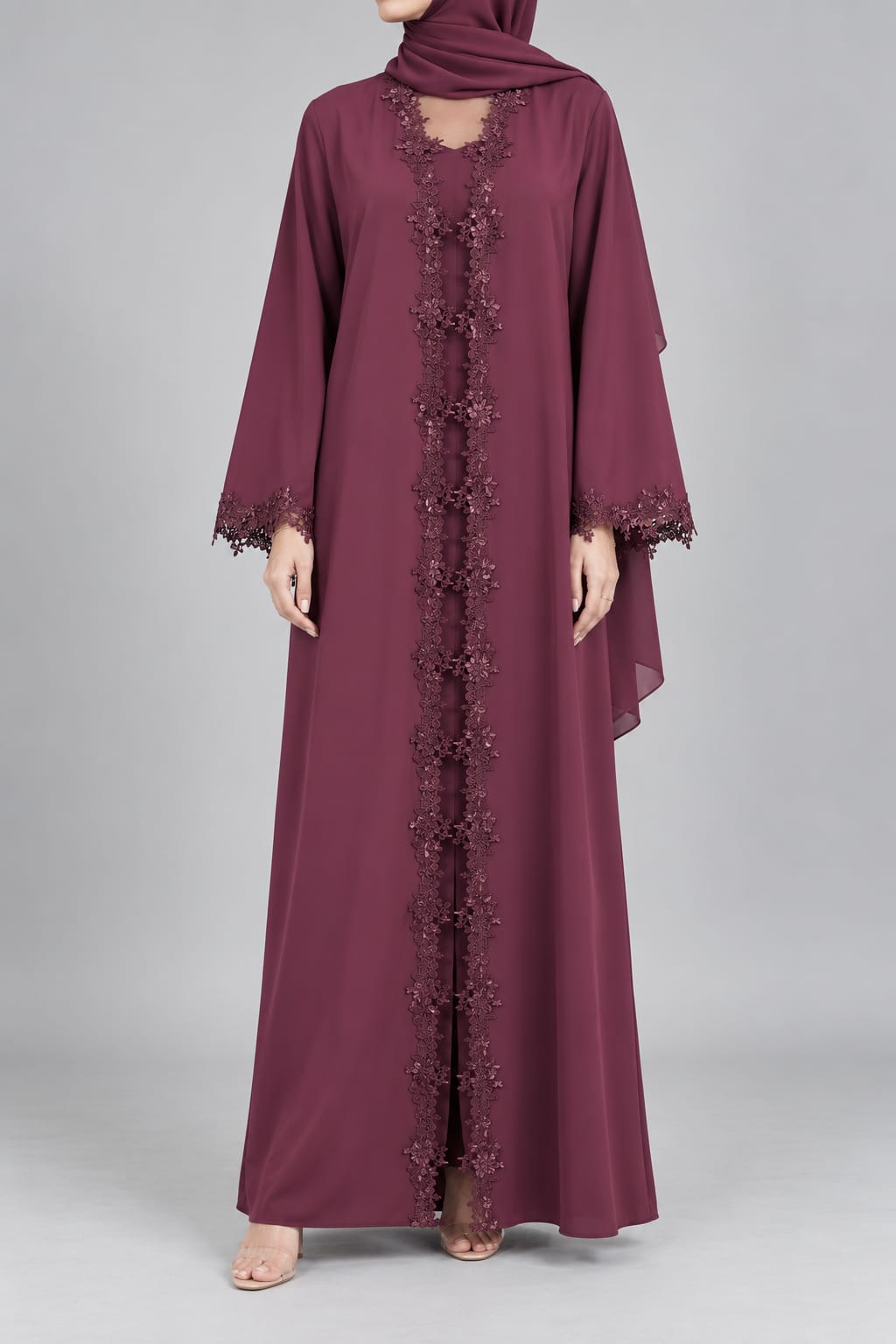 Maroon Floristic Lace Abaya E13S