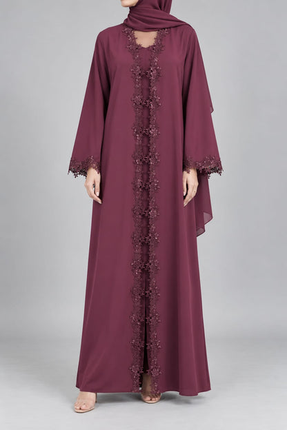 Maroon Floristic Lace Abaya E13S
