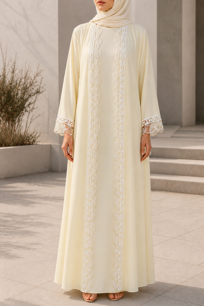 Butter yellow fancy lace abaya -A29J