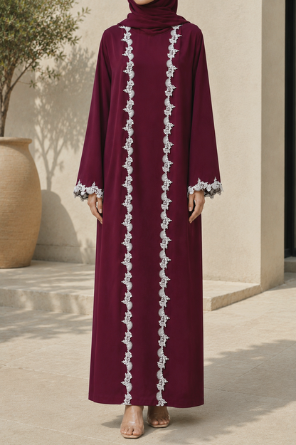 Deep wine Fancy Lace Abaya (03)