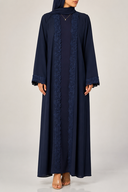 Navy Blue Moonlit Lace Abaya E12J