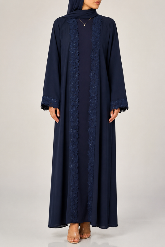 Navy Blue Moonlit Lace Abaya E12J