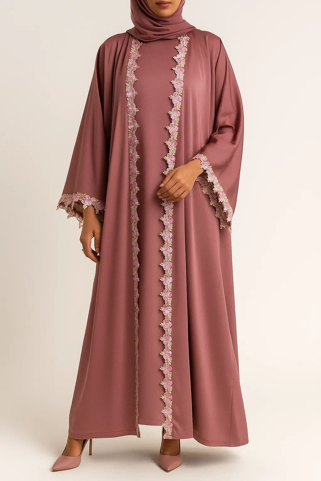 Pink Rose lace abaya