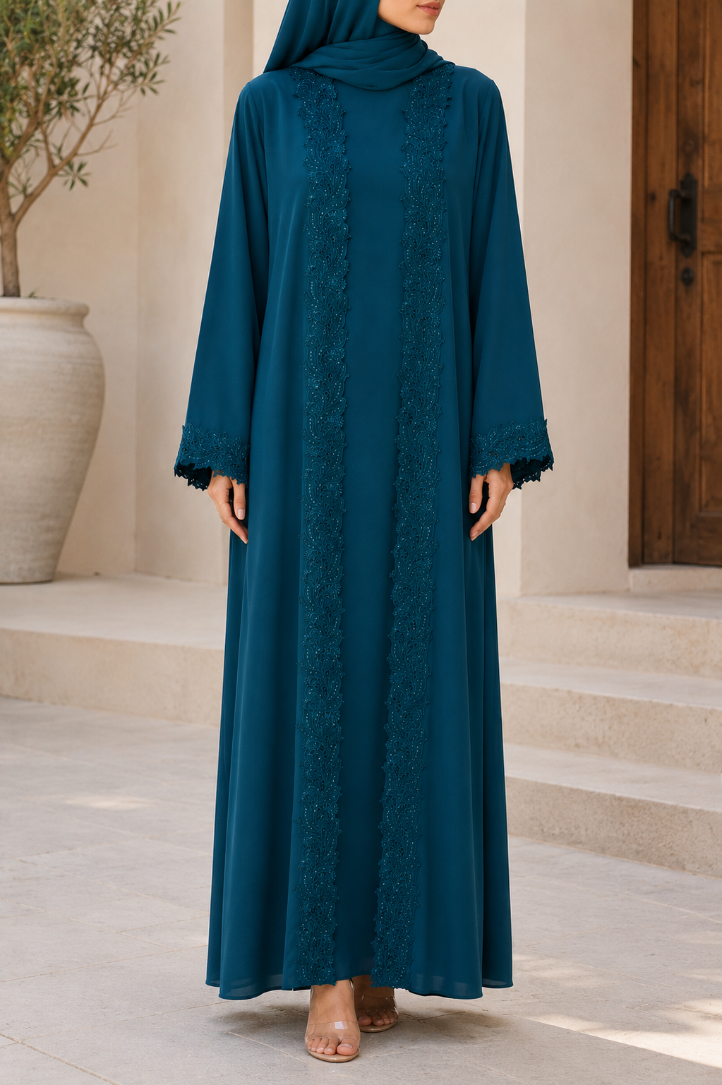 Imperial Blue Moonlit Lace Abaya E12J
