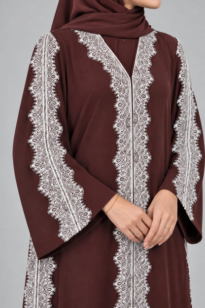 Deep-Brown Cascade Lace Abaya E13S