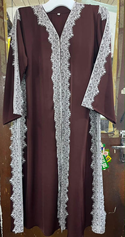 Deep-Brown Cascade Lace Abaya E13S