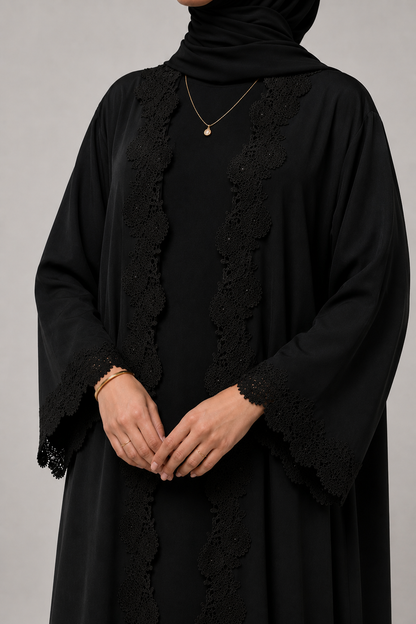 Black fancy Lace Abaya (04)