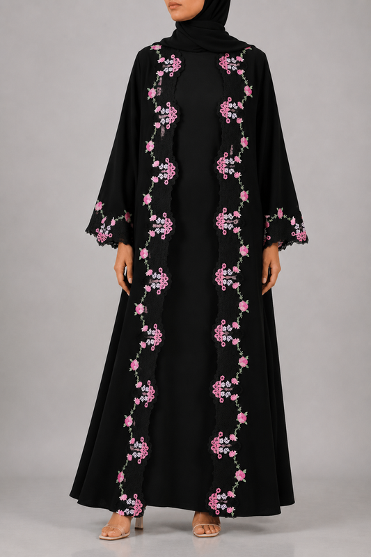 Black broad fancy lace abaya