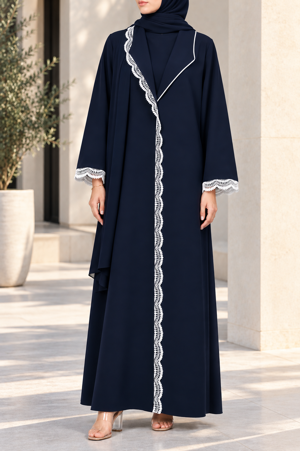 Navy Blue Serrate Lace Abaya E13S