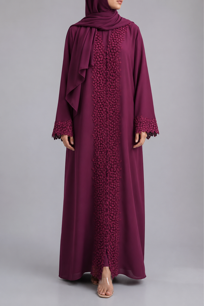 Maroon Ethereal Lace Abaya