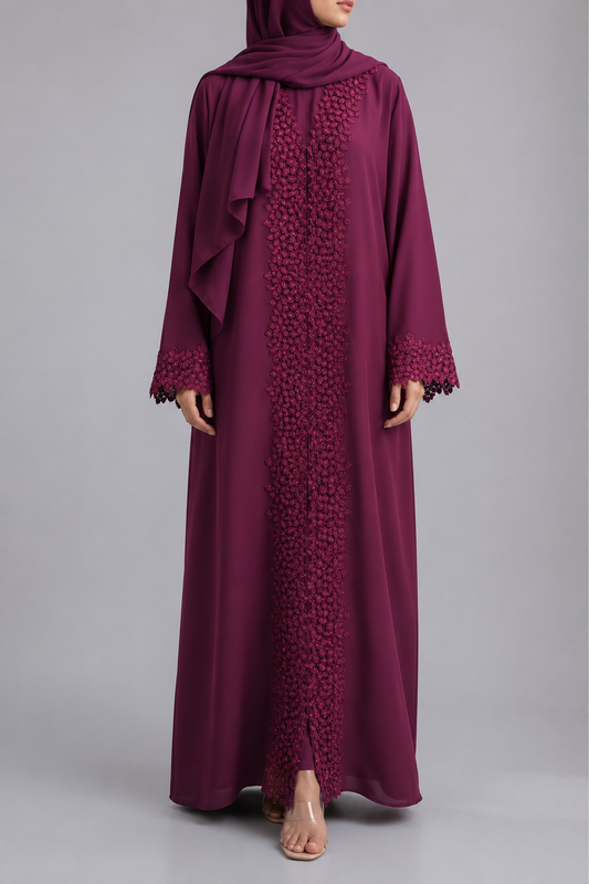 Maroon Ethereal Lace Abaya