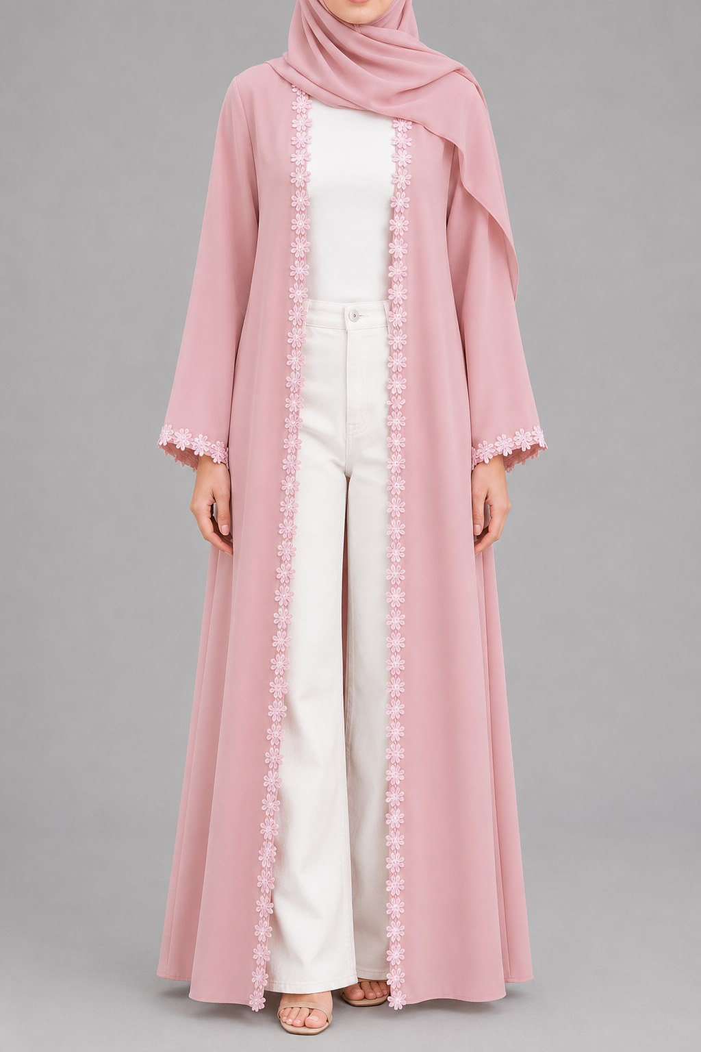 Blush pink fancy lace abaya
