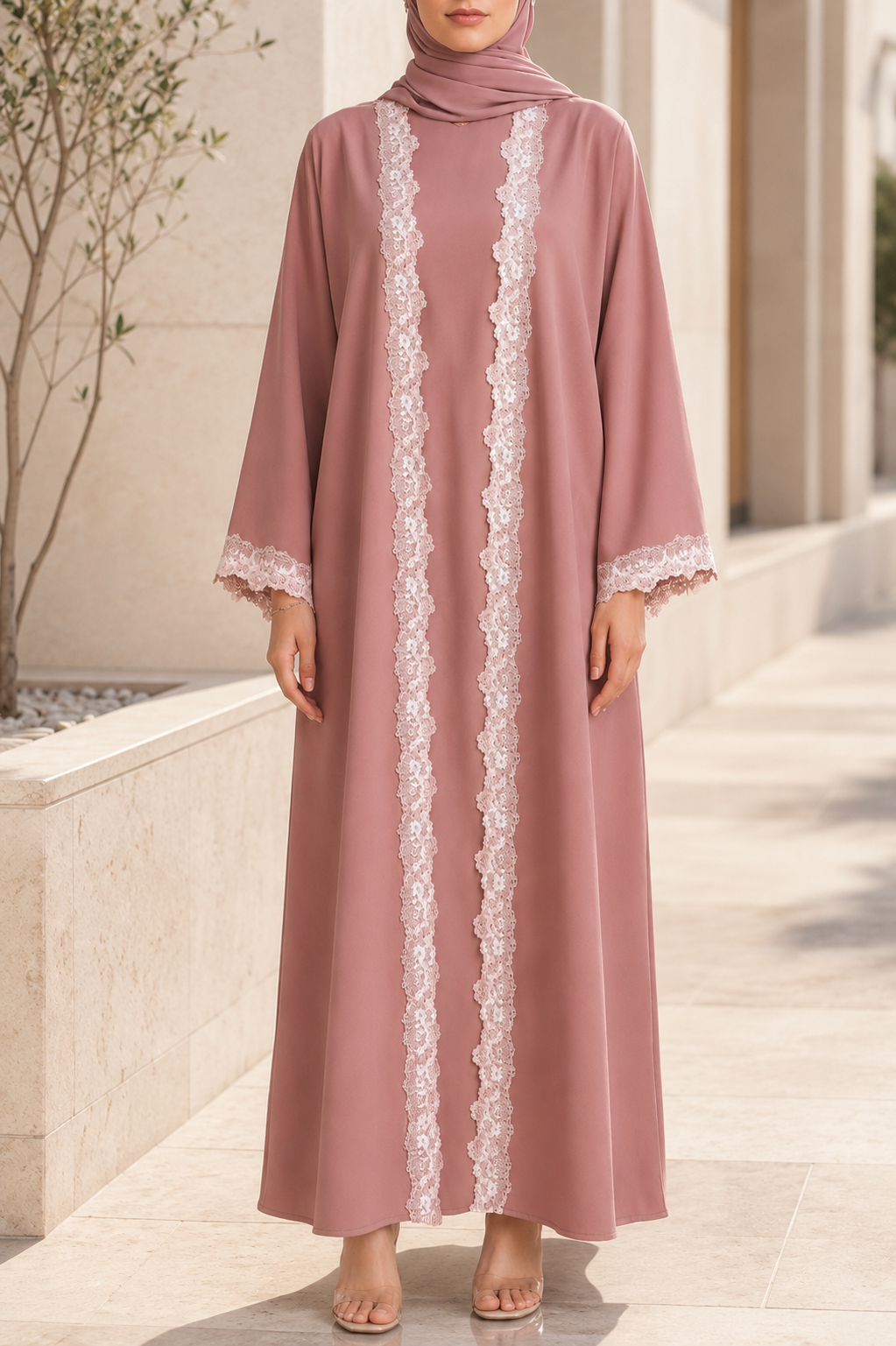 Pink fancy lace abaya