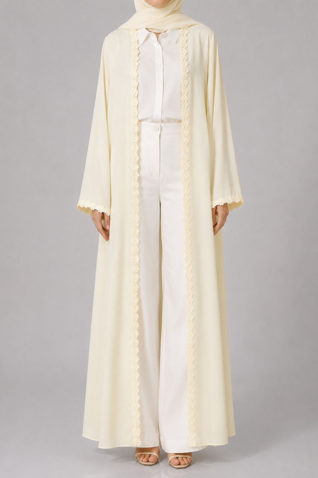 Parchment yellow fancy lace abaya