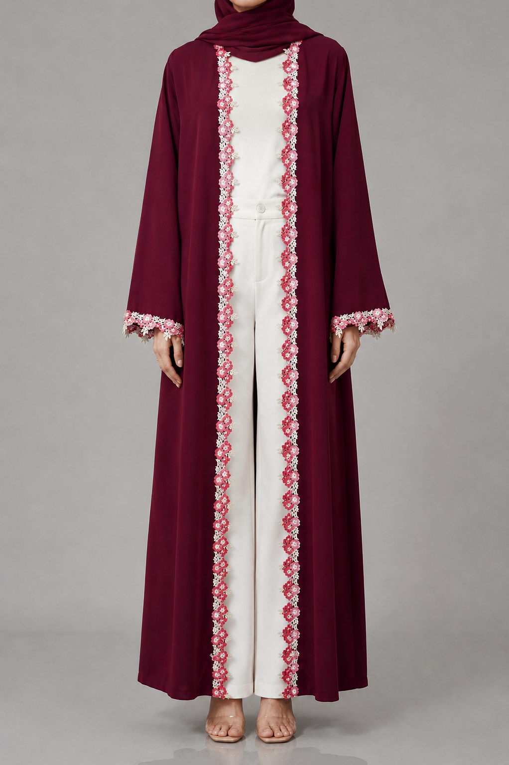 Crimson maroon fancy lace abaya