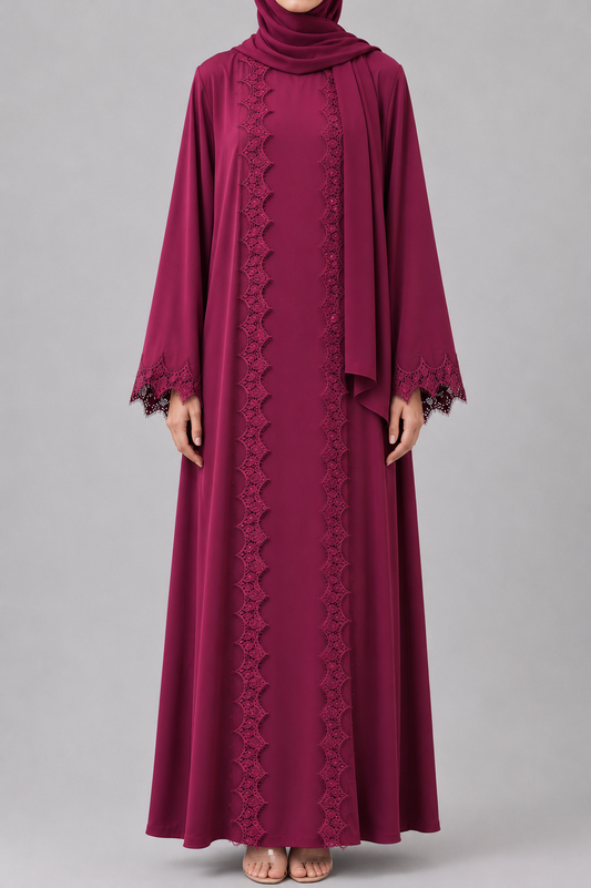 Maroon fancy lace abaya