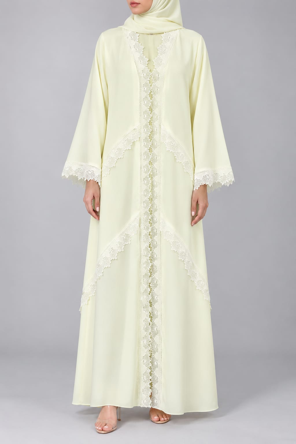 Butter-Yellow Phyllome Lace Abaya E13S