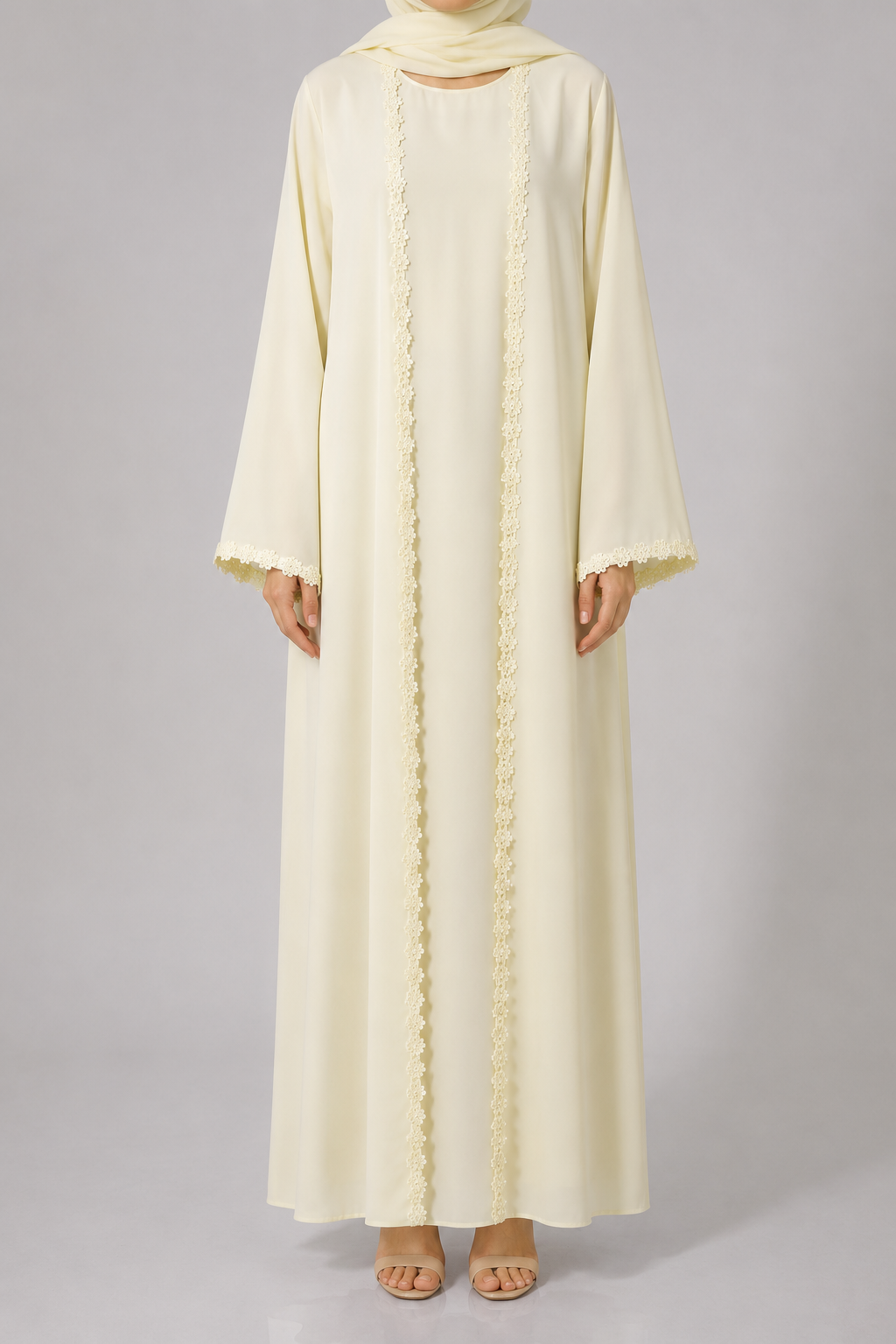 Parchment yellow fancy lace abaya
