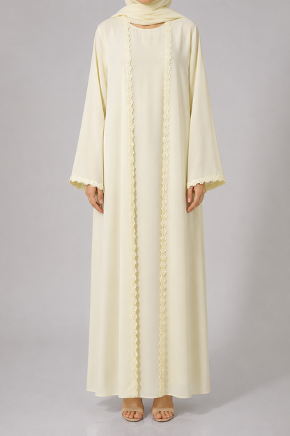 Parchment yellow fancy lace abaya