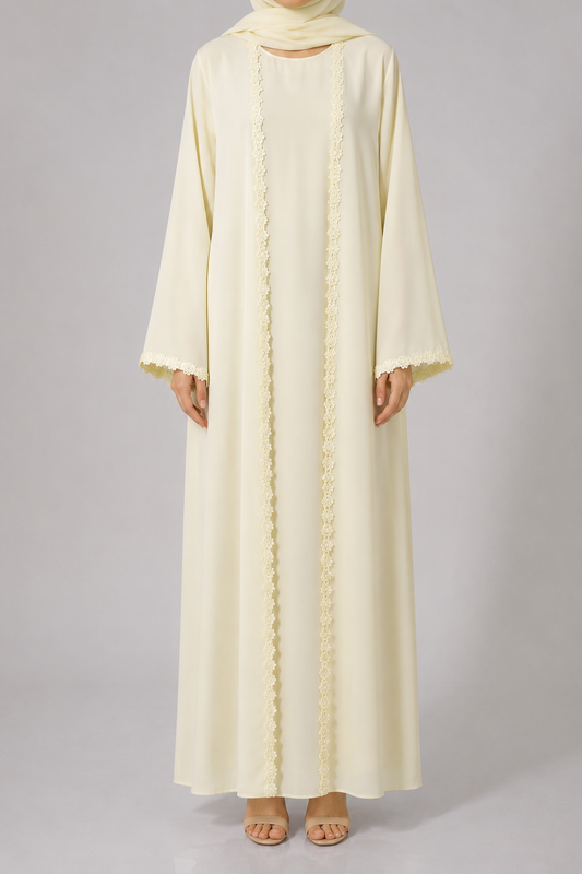 Parchment yellow fancy lace abaya