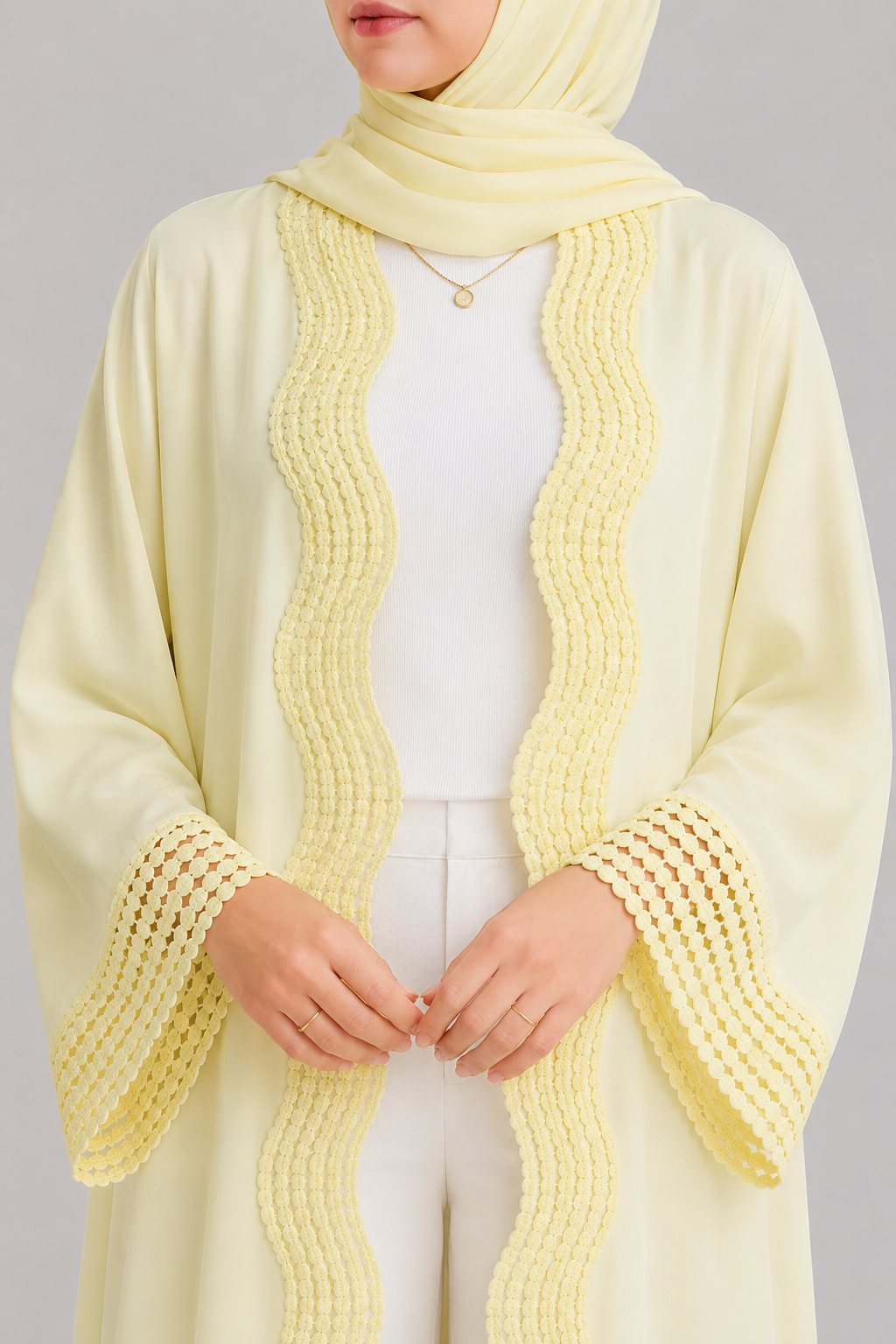 Butter yellow lace abaya