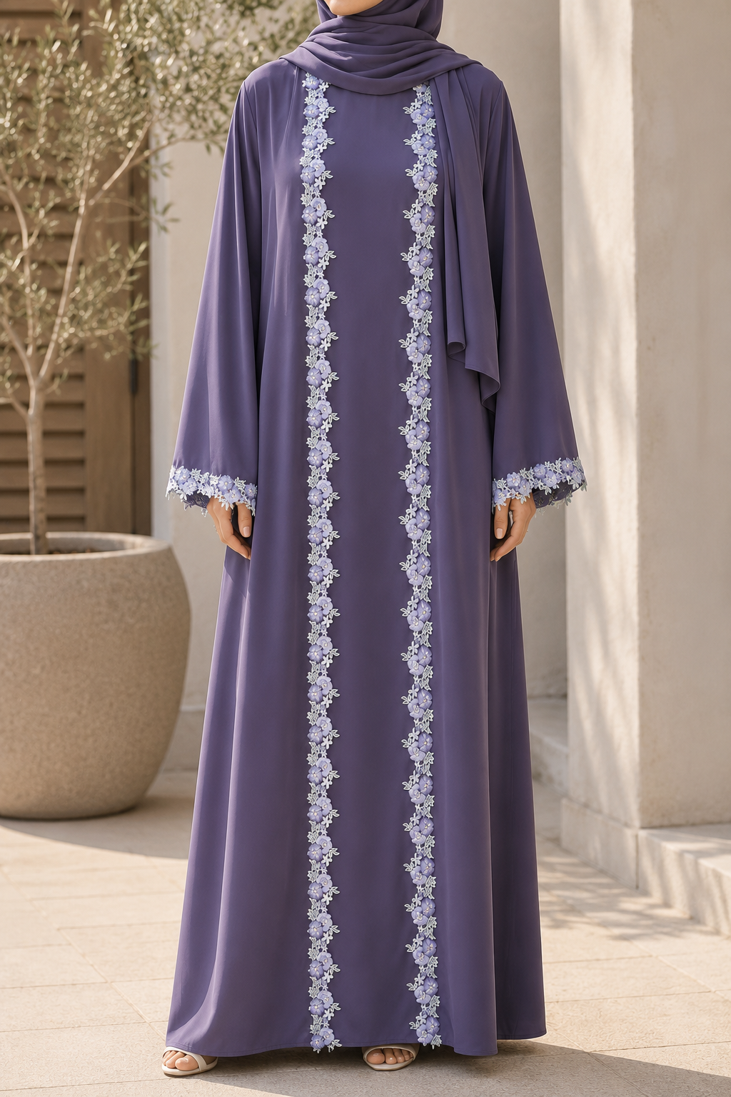Smoky Mauve fancy lace abaya