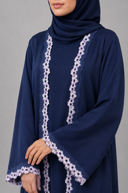 Blue Embroidered lace abaya