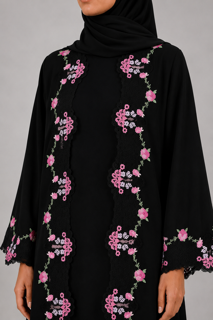 Black broad fancy lace abaya