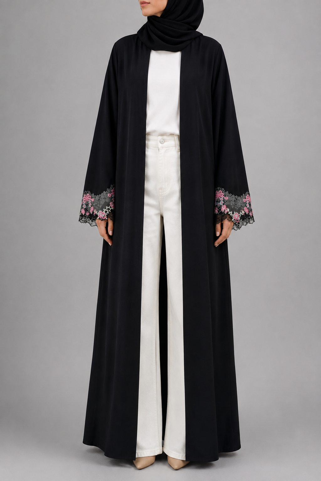 Black Broad Fancy Lace Abaya (02)