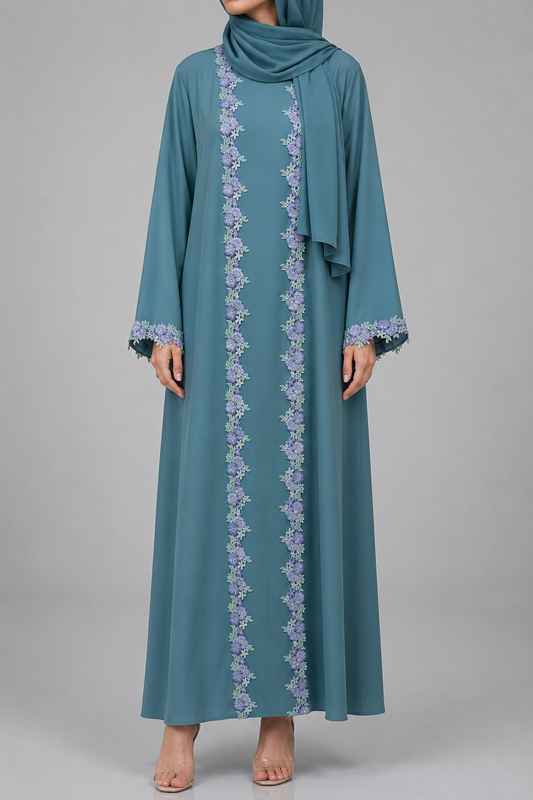 Seafoam teal fancy lace abaya